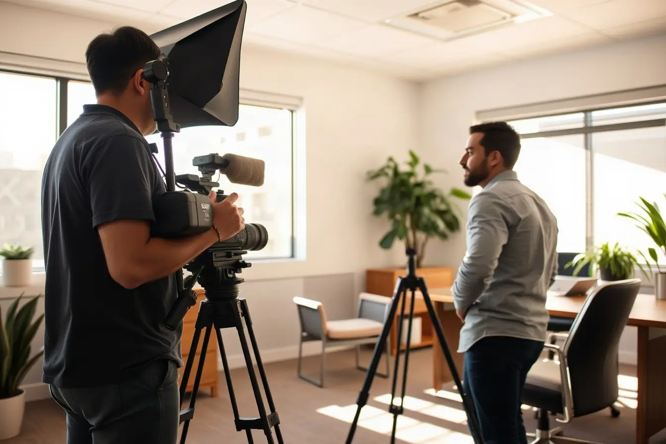 Video crew filming a client interview in a sunlit San Diego office